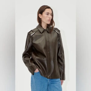 NEW Stine Goya Straight Sleeve Faux Leather Jacket in Chocolate Brown | size XS